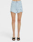 Light blue denim shorts worn by a person on a white background