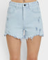 Light blue denim shorts with frayed edges on a white background