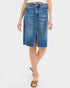 Blue denim skirt worn by a person on a white background