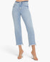 Light wash blue cropped jeans with a frayed hem, shown on a model wearing clear high-heeled sandals against a plain white background.