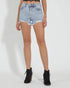 Person wearing light blue denim shorts on a white background