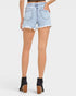 Short en jean taille haute délavé à l'acide clair avec détails en strass
