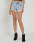 Person wearing light blue denim shorts on a white background