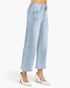 A model is shown from the waist down wearing light-wash blue cropped wide-leg jeans with patch pockets and white pointed-toe heels, set against a plain white studio background.