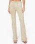 A model wearing a pair of light beige flared cargo jeans with rolled cuffs, paired with brown sandals, shown against a plain white background.