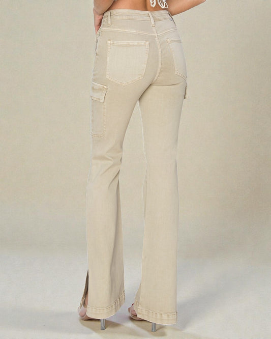 Beige pants worn by a person on a plain background