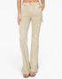 A model wearing a pair of light beige flared cargo jeans with side cargo pockets, shown from the waist down against a plain white background.