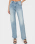 Light blue jeans worn by a person on a white background