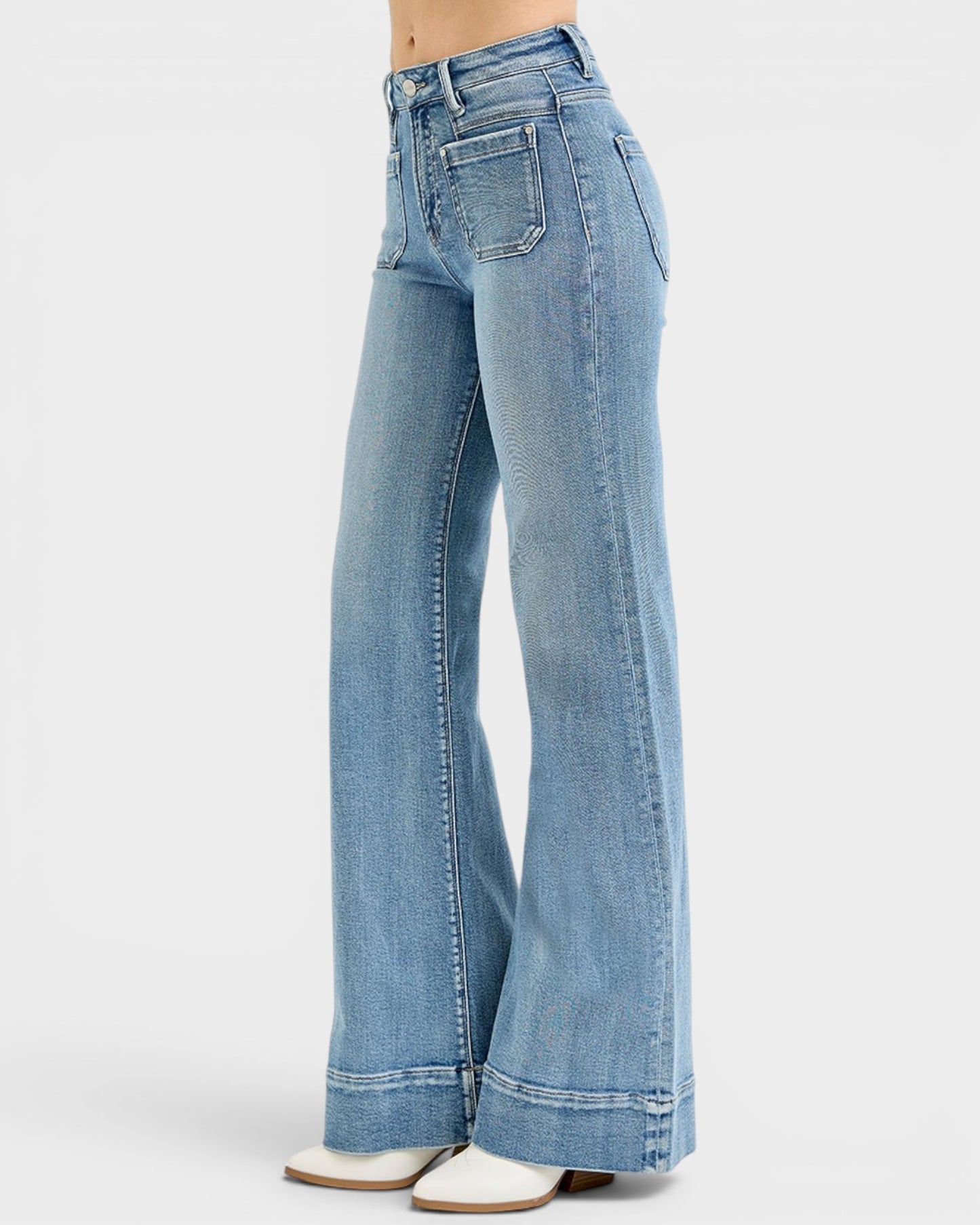 Light blue jeans with a white background