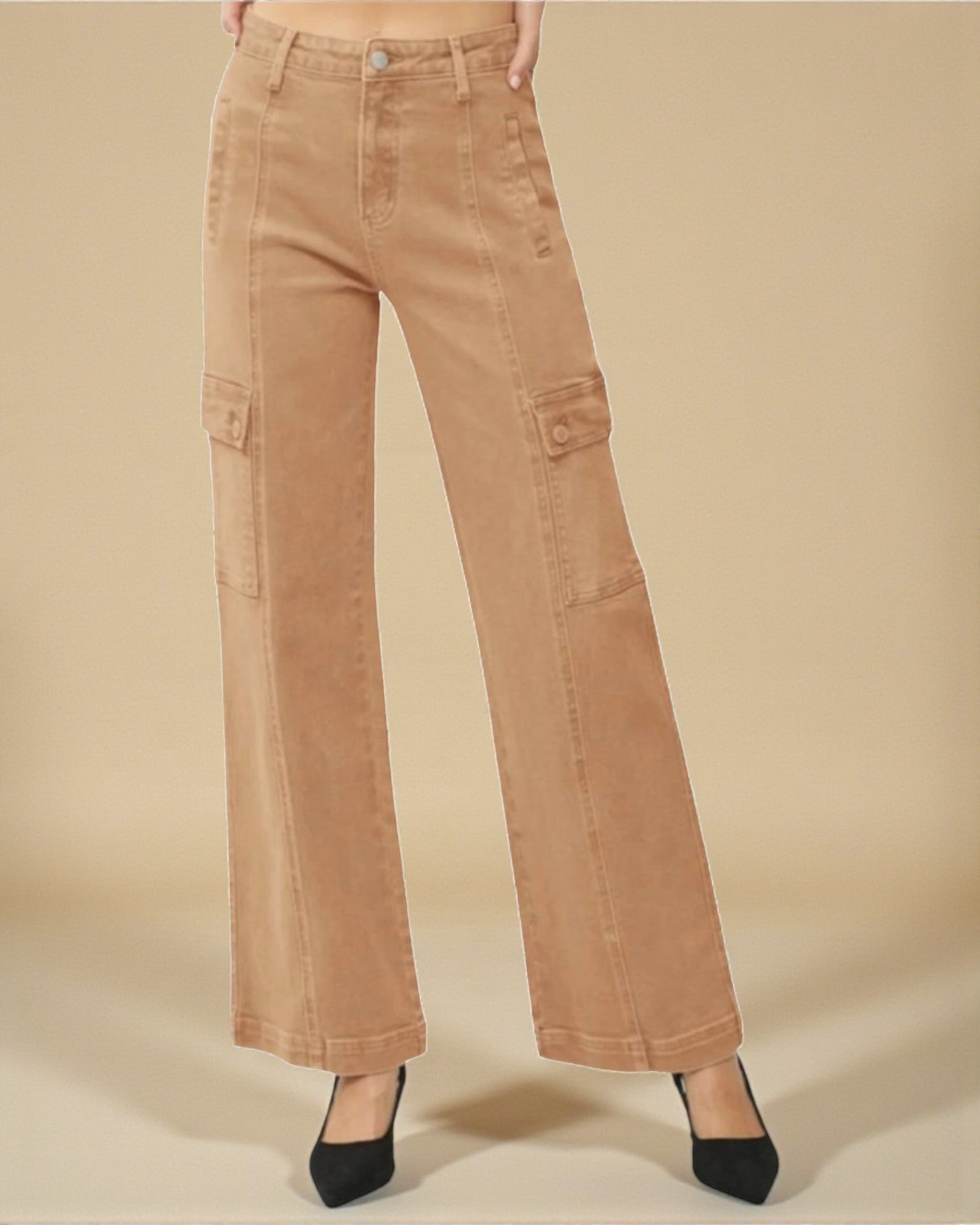 Tan cargo pants on a beige background