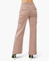 Rear view of a model wearing dusty rose wide-leg cargo pants with black high heels, shown against a plain white studio background.