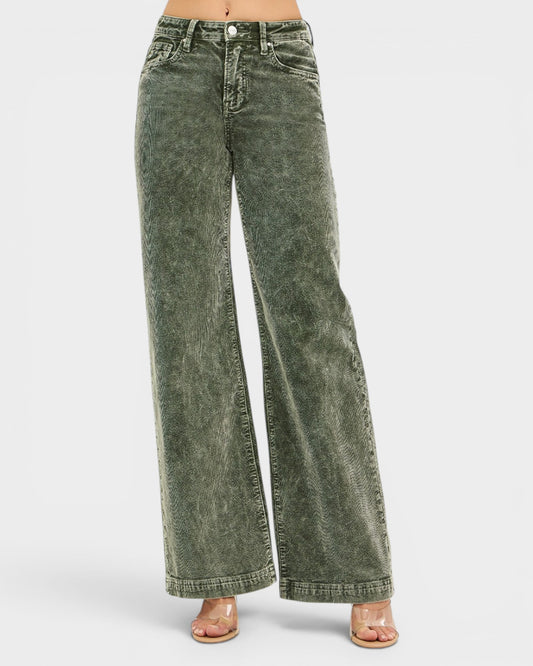 Green wide-leg jeans on a white background