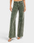 Green acid-wash jeans worn by a person on a white background