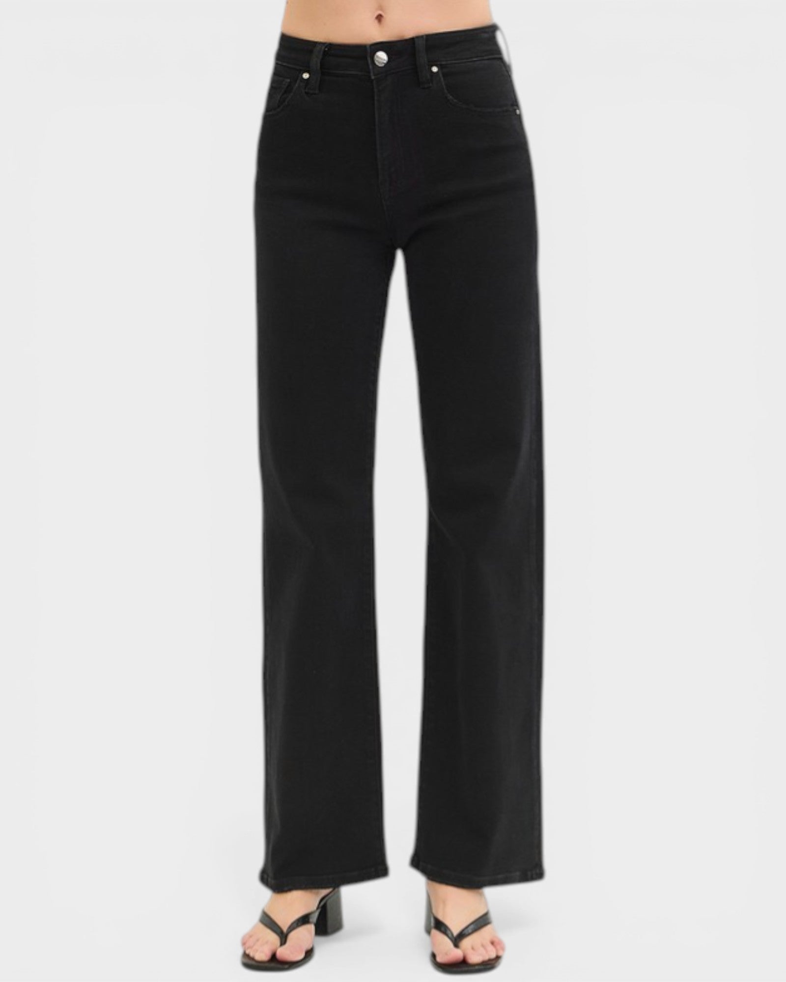 Black wide-leg jeans on a white background