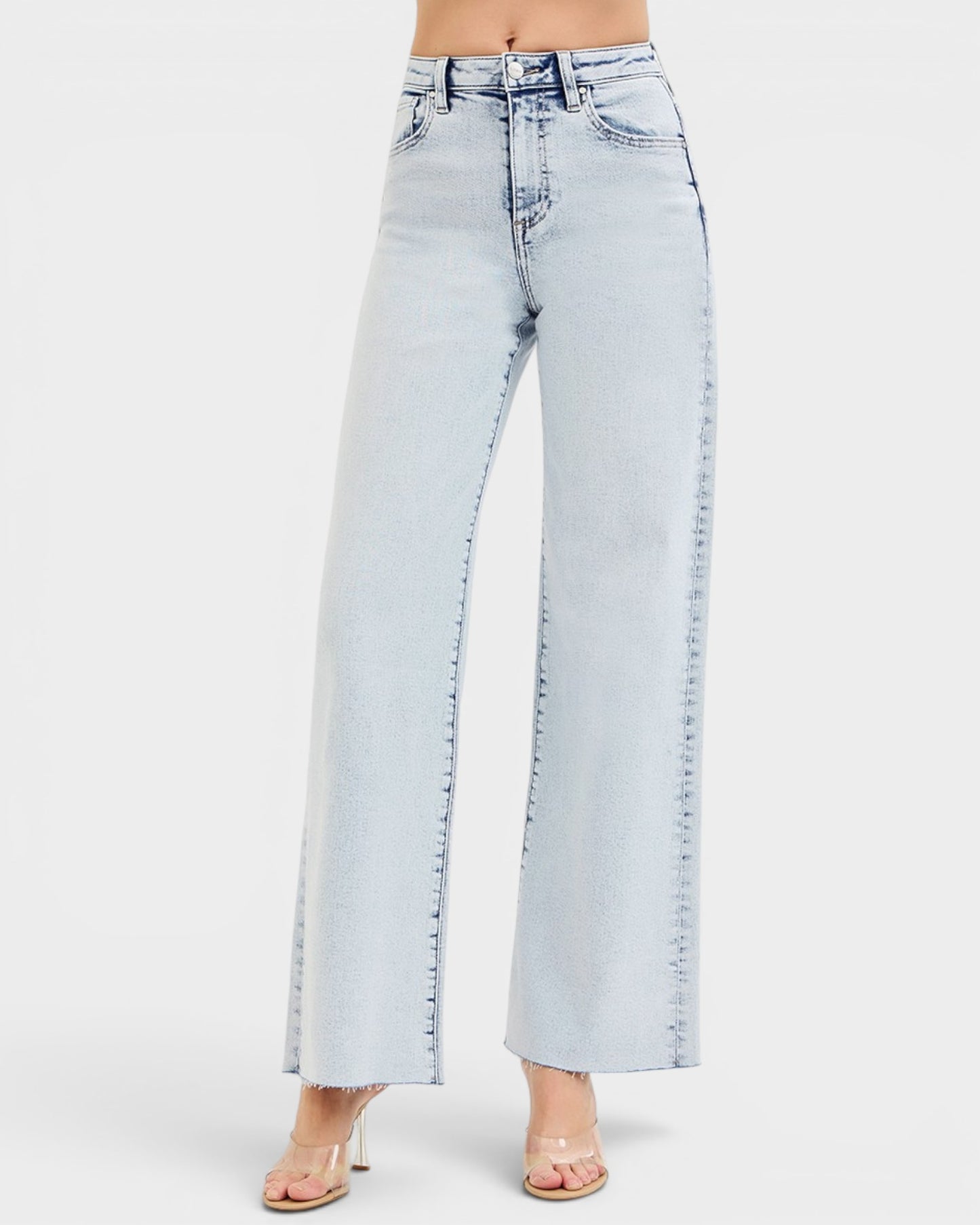 Light Wash Raw Hem Wide Leg Jeans