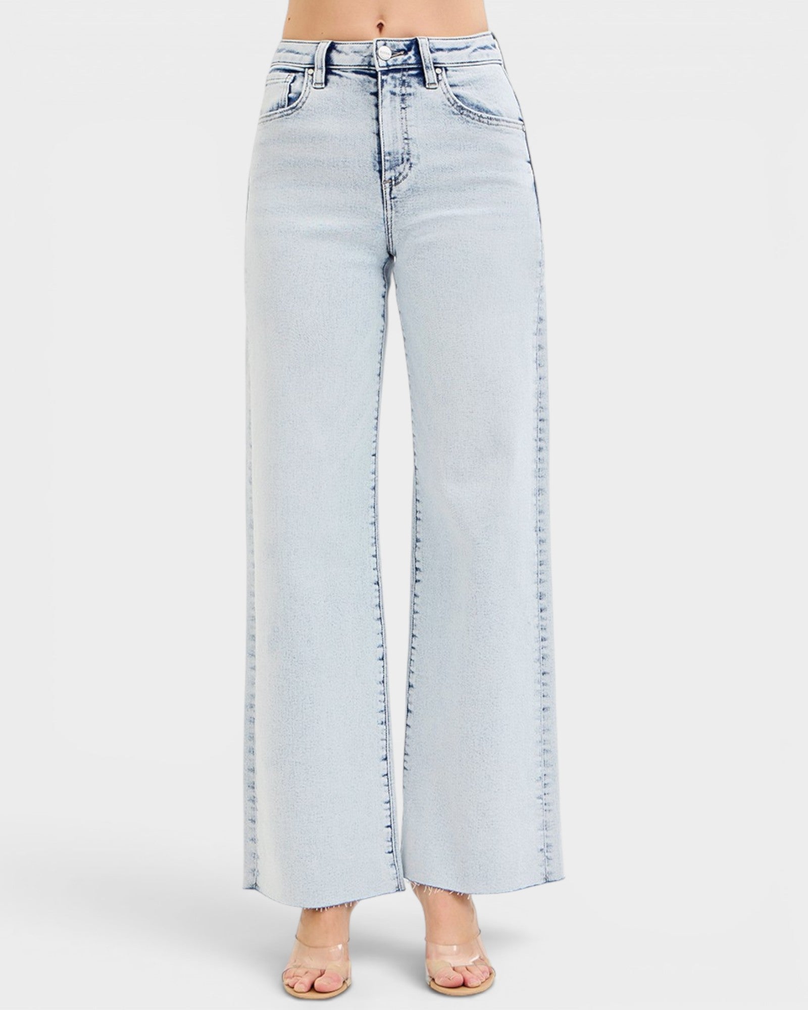Light Wash Raw Hem Wide Leg Jeans