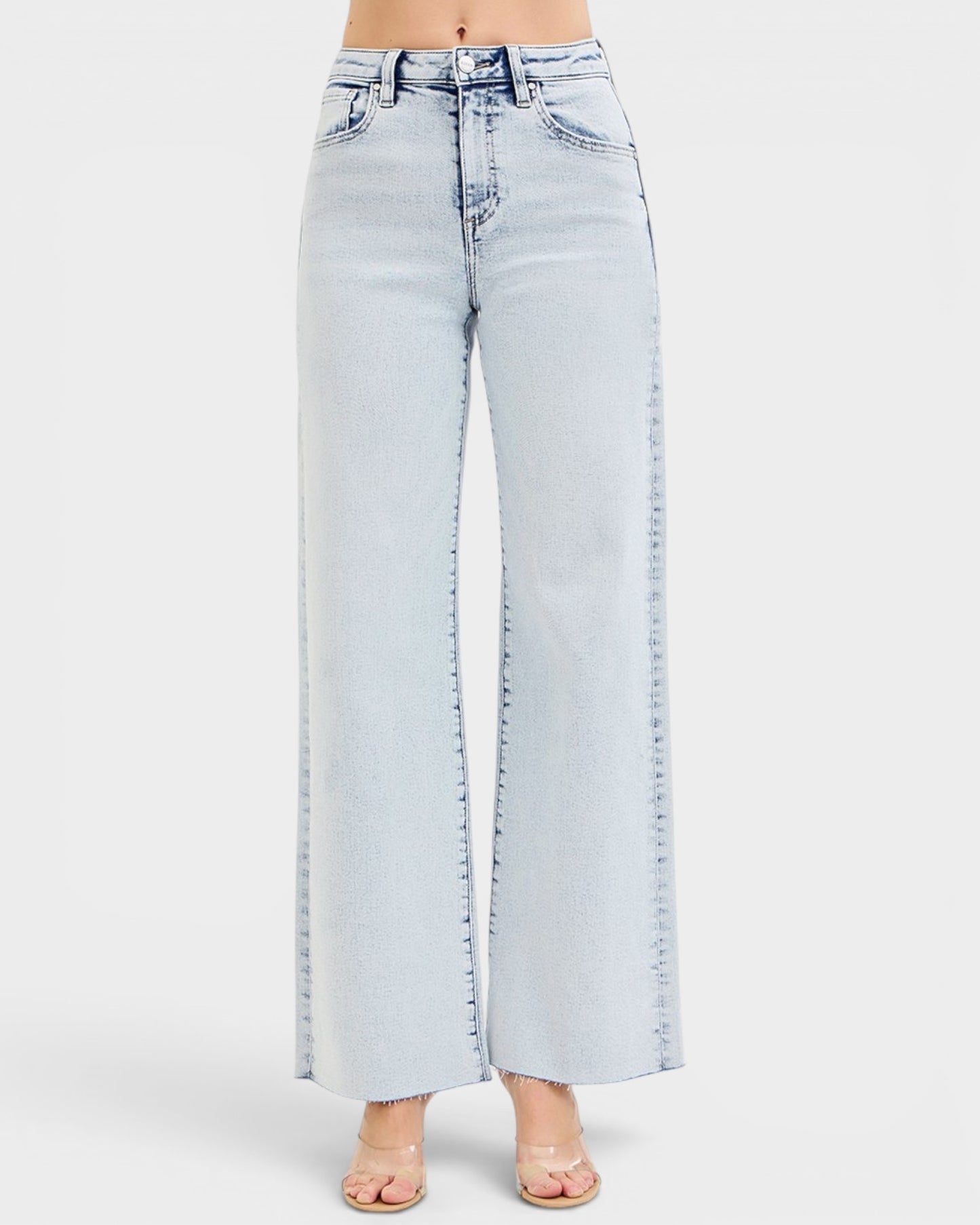 Light Wash Raw Hem Wide Leg Jeans