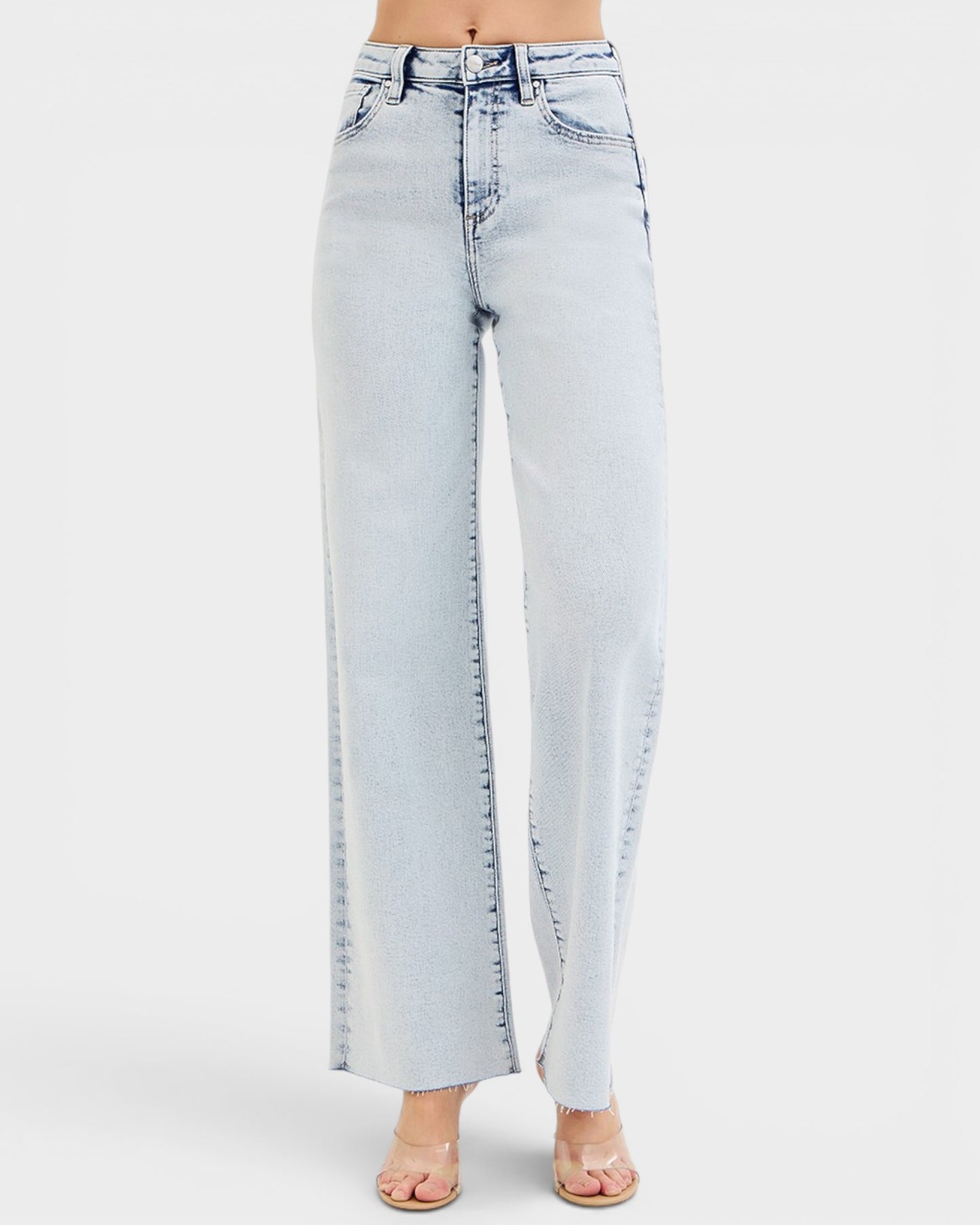 Light Wash Raw Hem Wide Leg Jeans