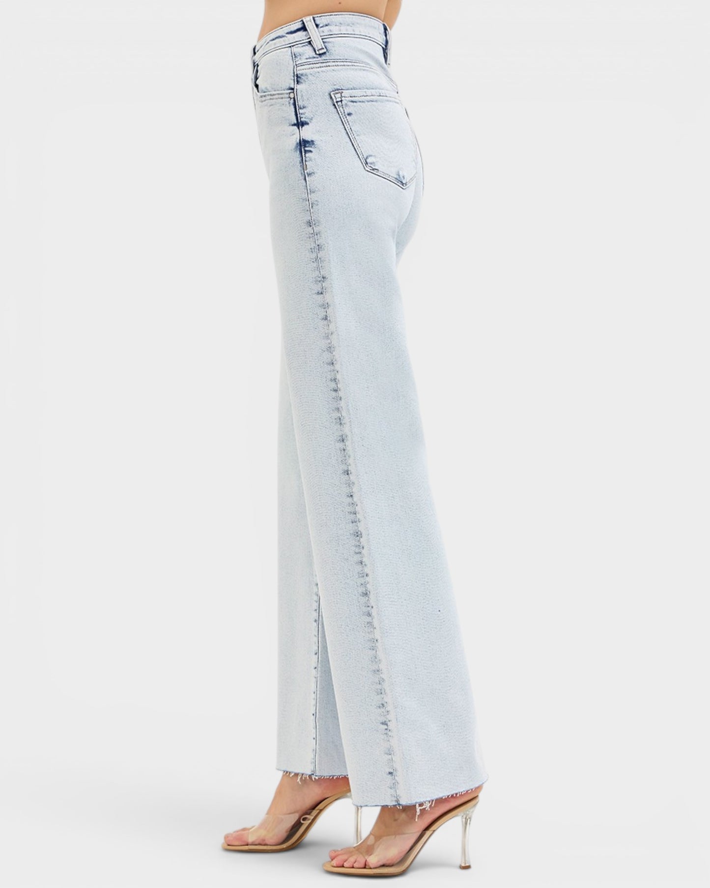 Light Wash Raw Hem Wide Leg Jeans