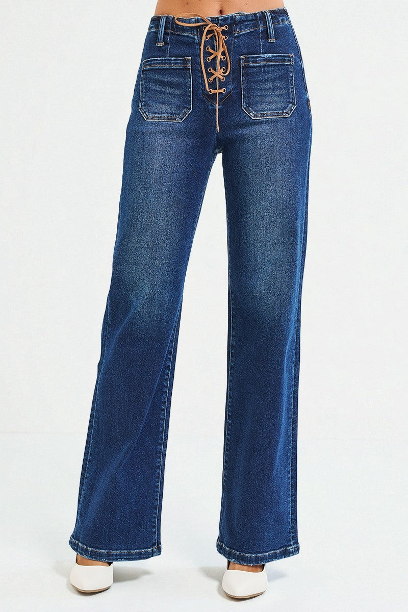 Dark Wash Lace-Up Wide Leg Jeans