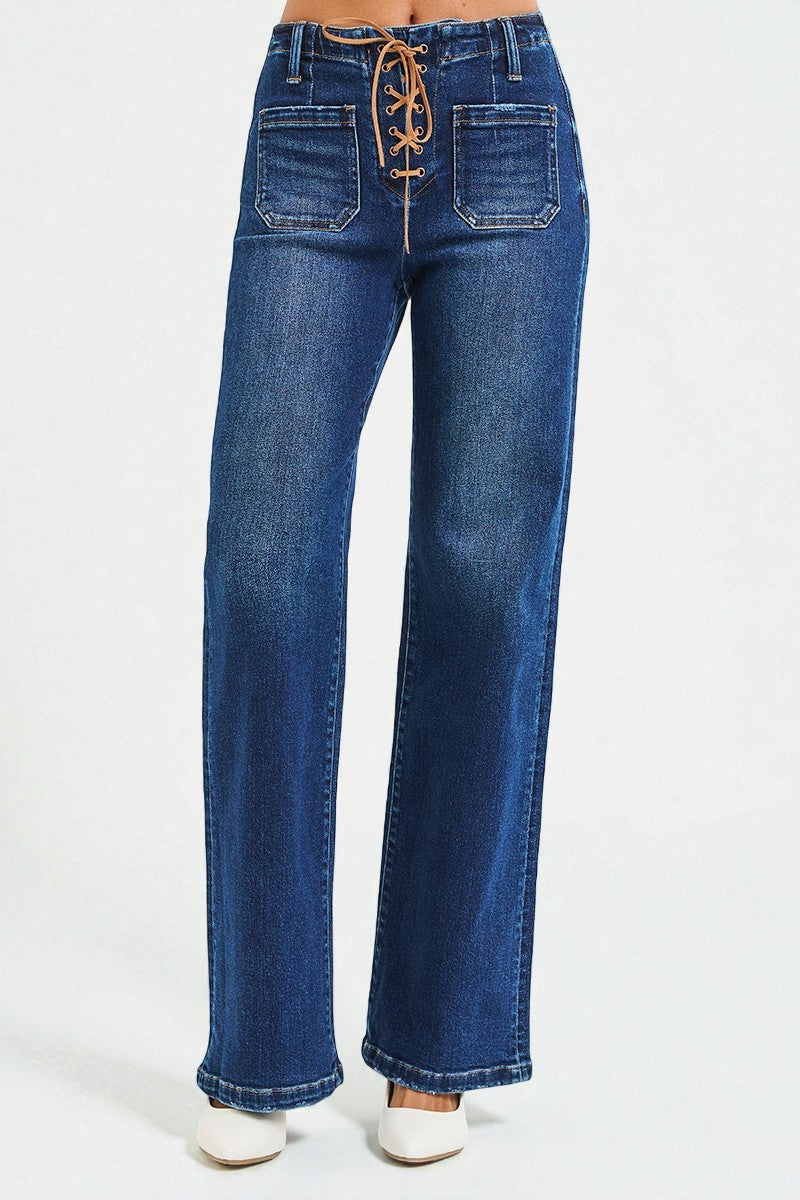 Dark Wash Lace-Up Wide Leg Jeans