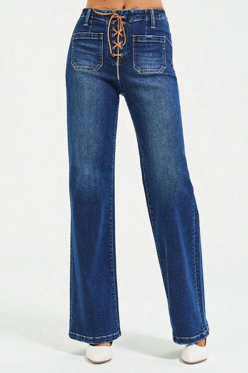Dark Wash Lace-Up Wide Leg Jeans