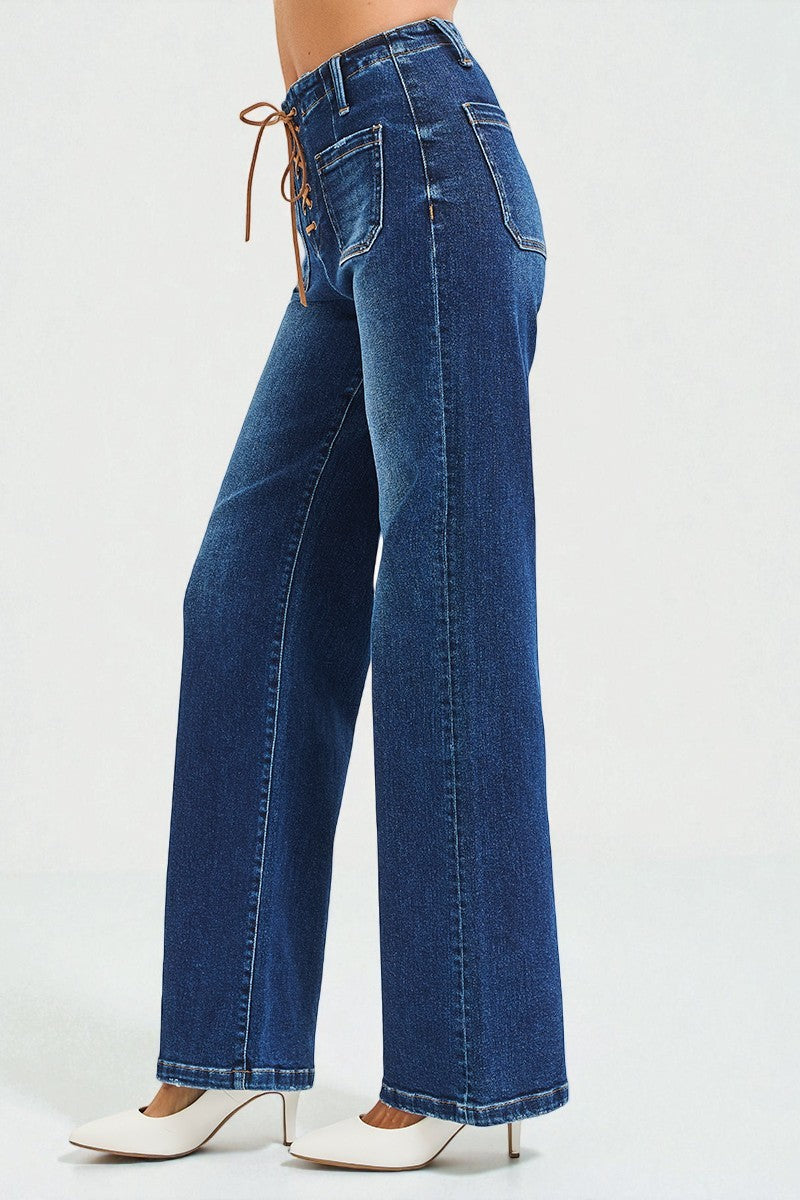 Dark Wash Lace-Up Wide Leg Jeans