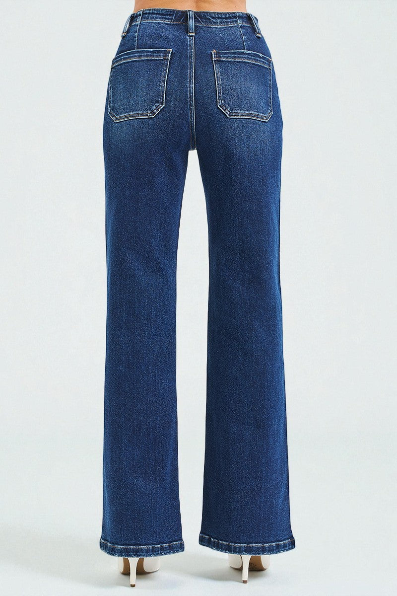 Dark Wash Lace-Up Wide Leg Jeans