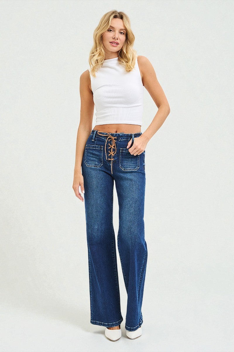 Dark Wash Lace-Up Wide Leg Jeans