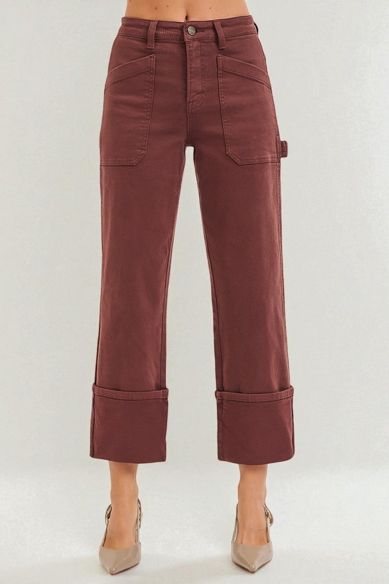 Mahogany Brown Utility Wide Cuff Crop Jeans