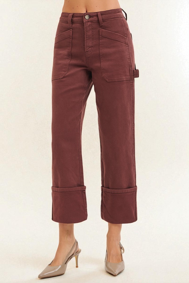 Mahogany Brown Utility Wide Cuff Crop Jeans