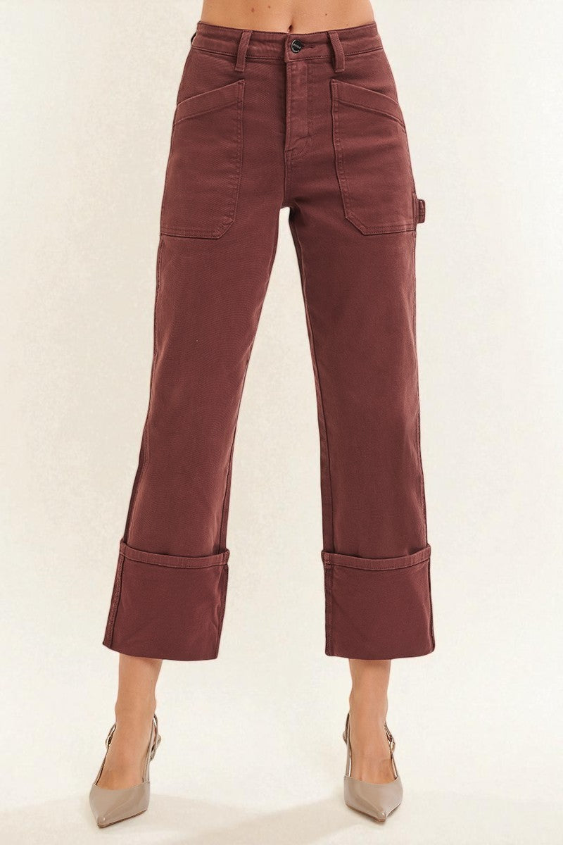 Mahogany Brown Utility Wide Cuff Crop Jeans