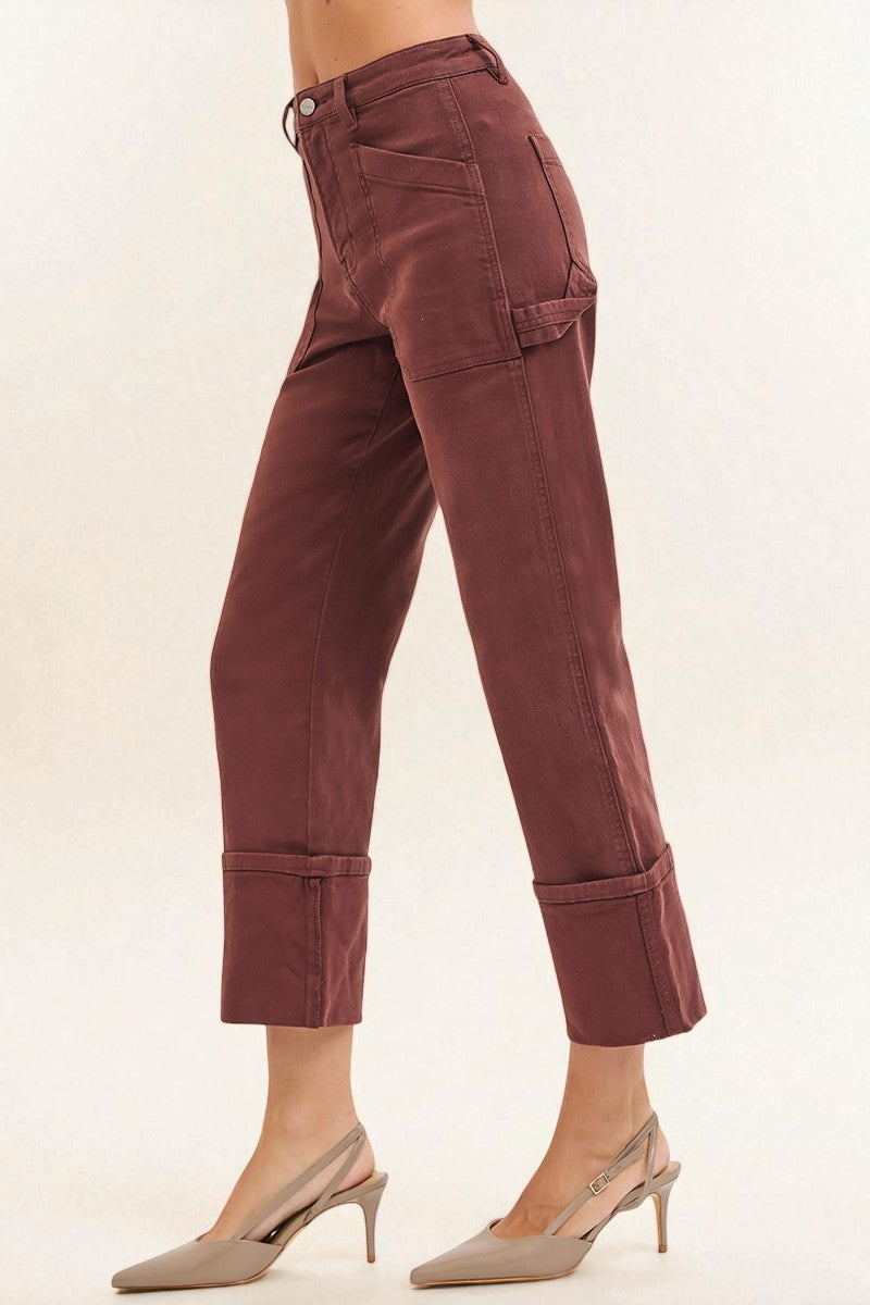 Mahogany Brown Utility Wide Cuff Crop Jeans