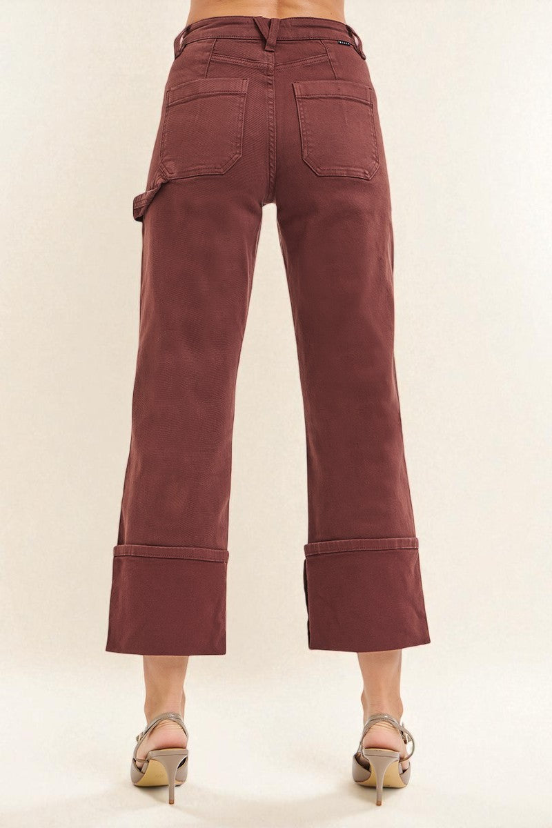 Mahogany Brown Utility Wide Cuff Crop Jeans