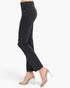 A side profile view of a model wearing black cropped jeans and clear strap high-heeled sandals against a plain white background.