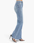 Light blue high-waisted flare jeans with a frayed hem, shown on a model from the side against a plain white background.