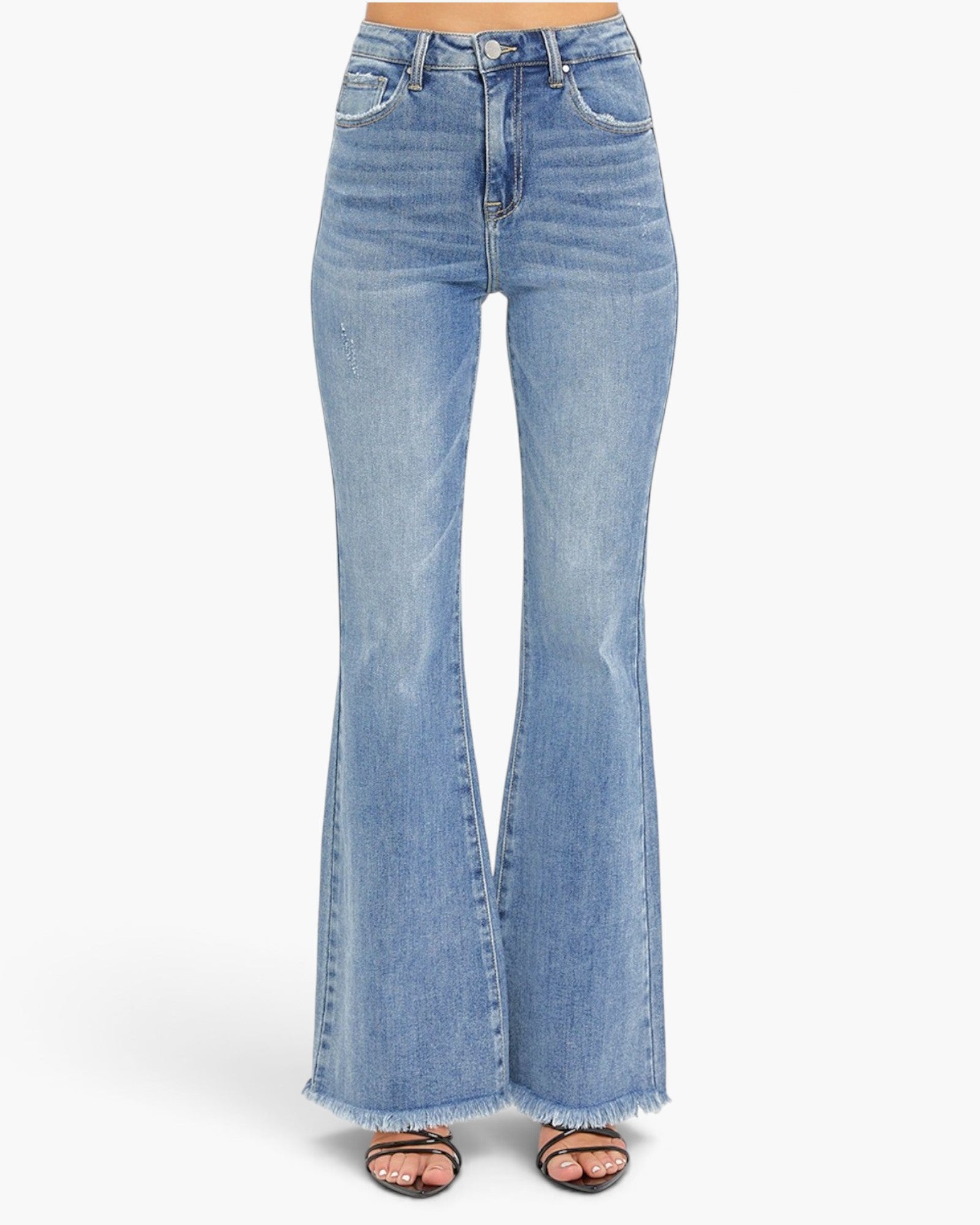 Light blue high-waisted flare jeans with a frayed hem, shown on a model from the waist down wearing black sandals against a plain white background.