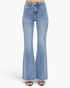 Light blue high-waisted flare jeans with a frayed hem, shown on a model from the waist down wearing black sandals against a plain white background.