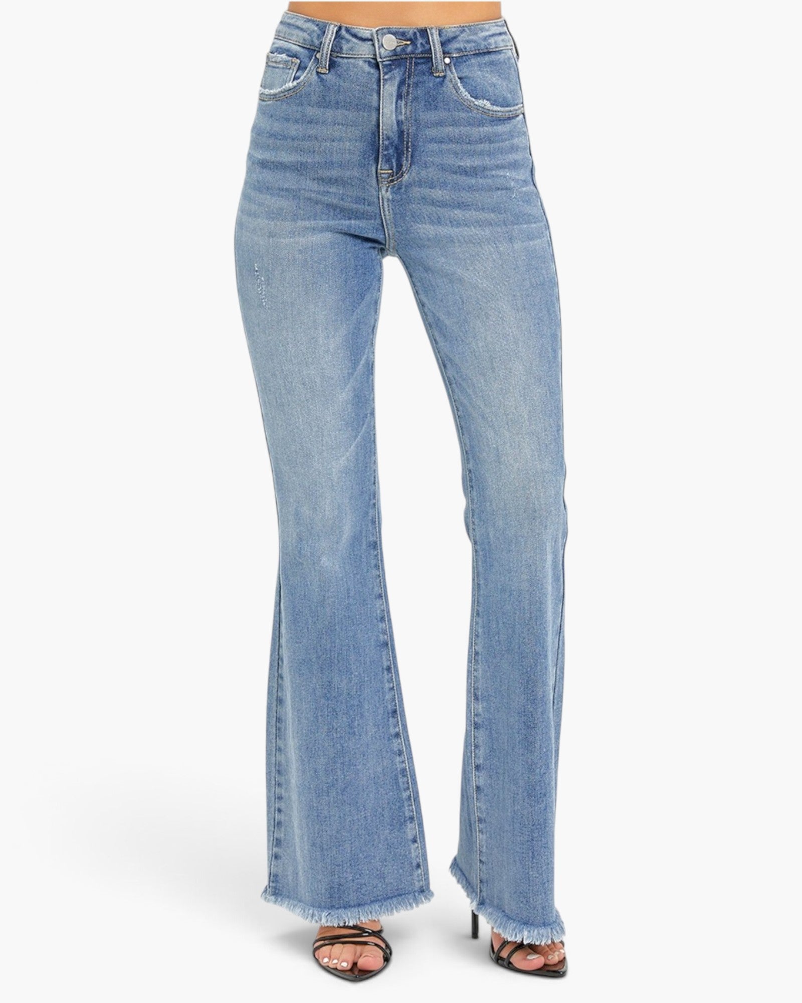 Light blue high-waisted flare jeans with a frayed hem, shown on a model wearing black heeled sandals against a plain white background.