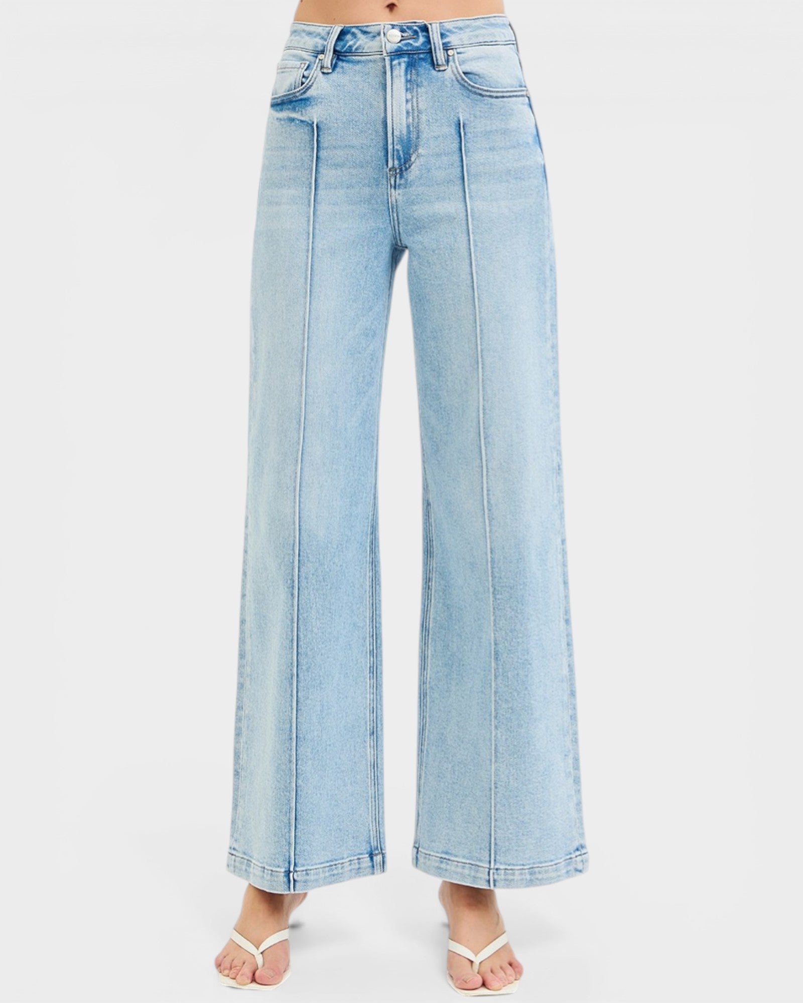 Light blue wide-leg jeans on a white background