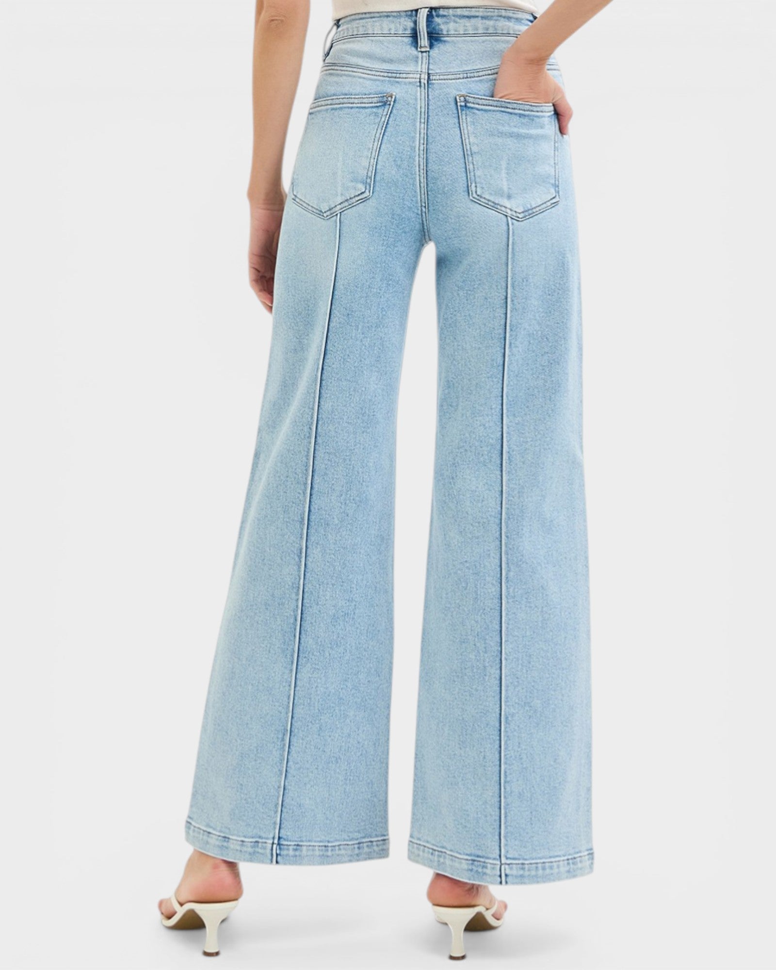 Light blue wide-leg jeans worn by a person on a white background