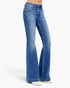 A pair of medium-wash blue denim jeans with a flared bootcut or flare leg, shown on a model from the waist down against a clean white background.