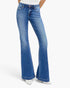 A pair of medium-wash blue denim jeans with a flared bootcut or flare silhouette, shown on a model from the waist down against a clean white studio background.
