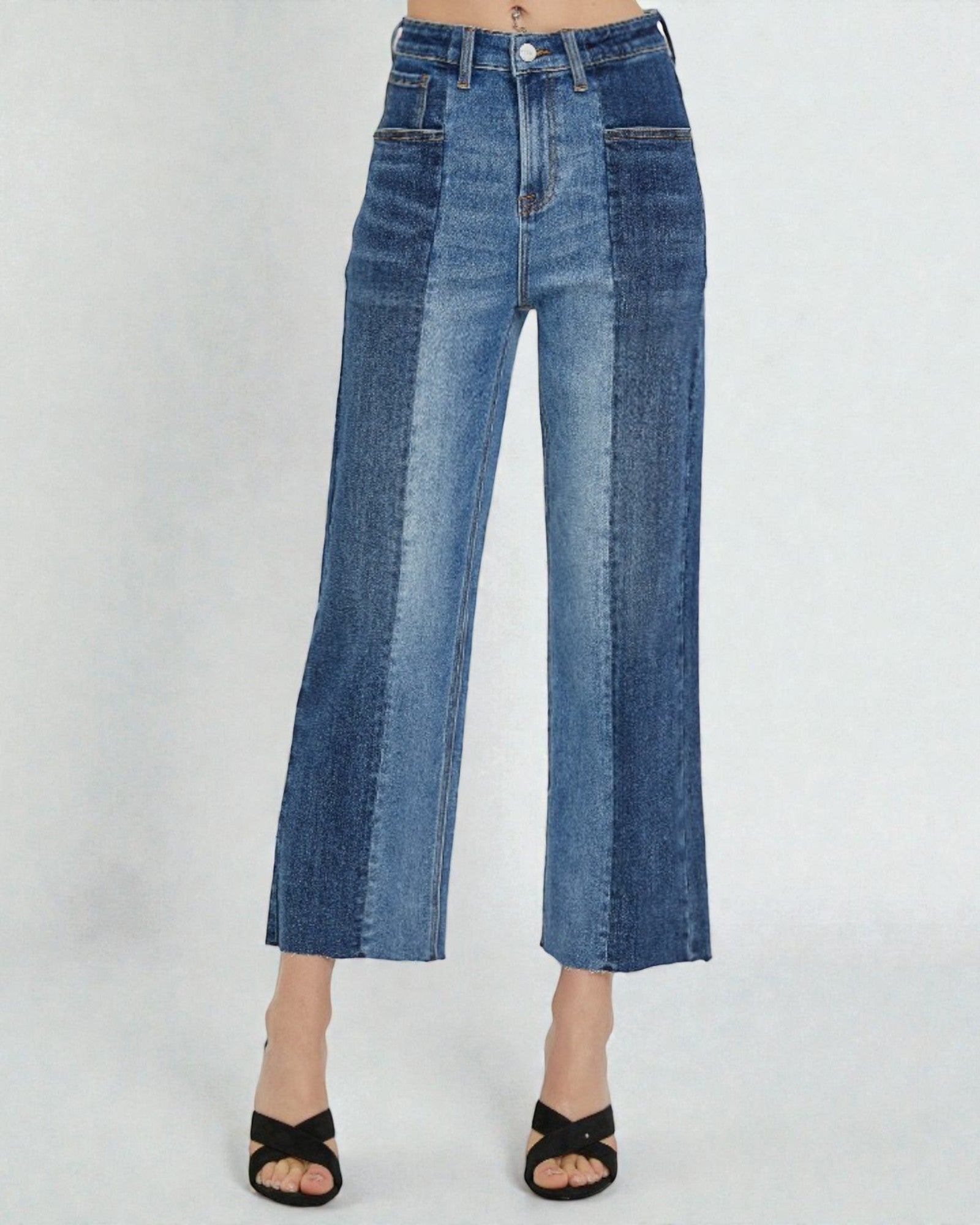 Two-Tone High Rise Cropped Wide Leg Jeans
