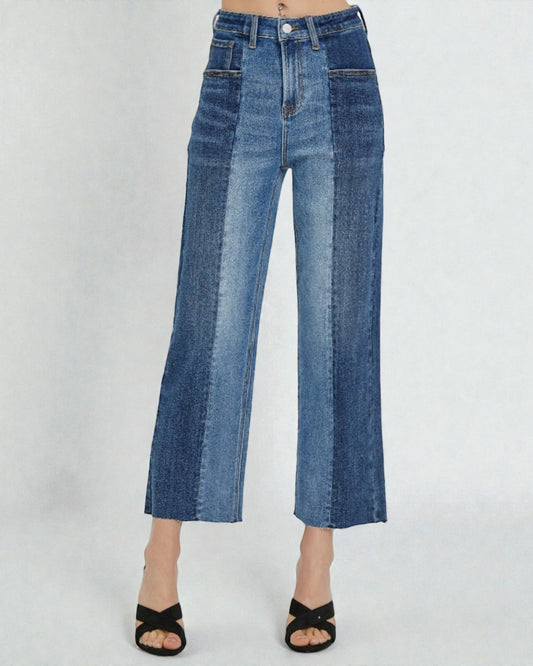 Jean taille mi-haute bicolore en combo foncé