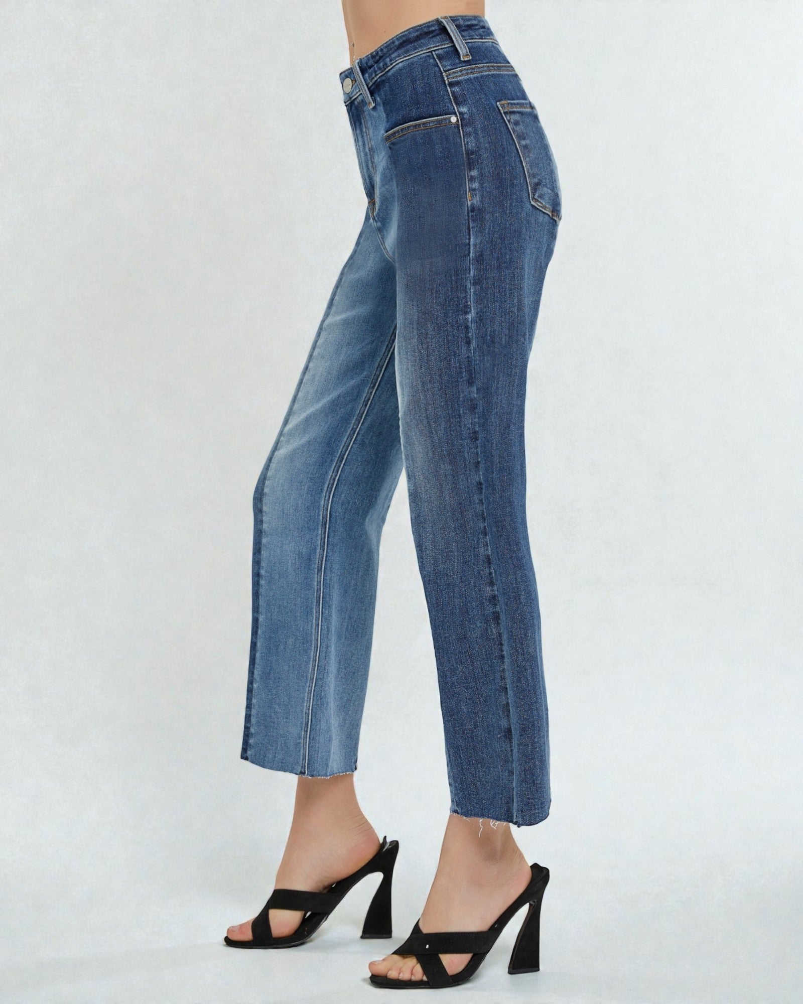 Two-Tone High Rise Cropped Wide Leg Jeans