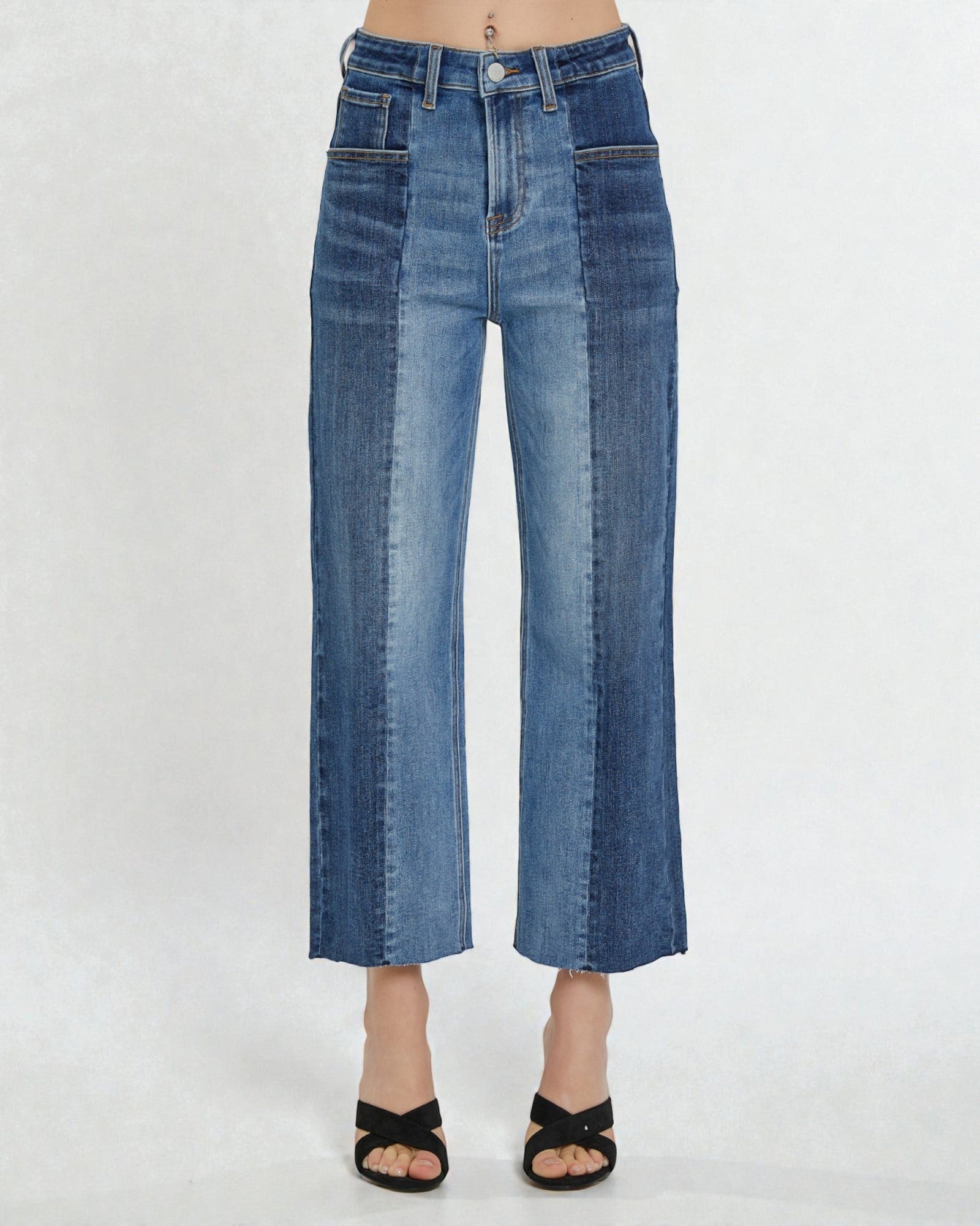 Two-Tone High Rise Cropped Wide Leg Jeans