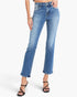 A model wearing a pair of medium-wash blue denim jeans with a straight-to-crew leg, styled with black strappy high-heeled sandals against a plain white studio background.