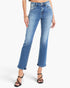 A model wearing a pair of medium-wash blue denim jeans with a straight-to-crew leg, styled with black strappy high-heeled sandals against a clean white background.