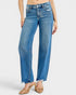 Blue jeans worn by a person on a white background